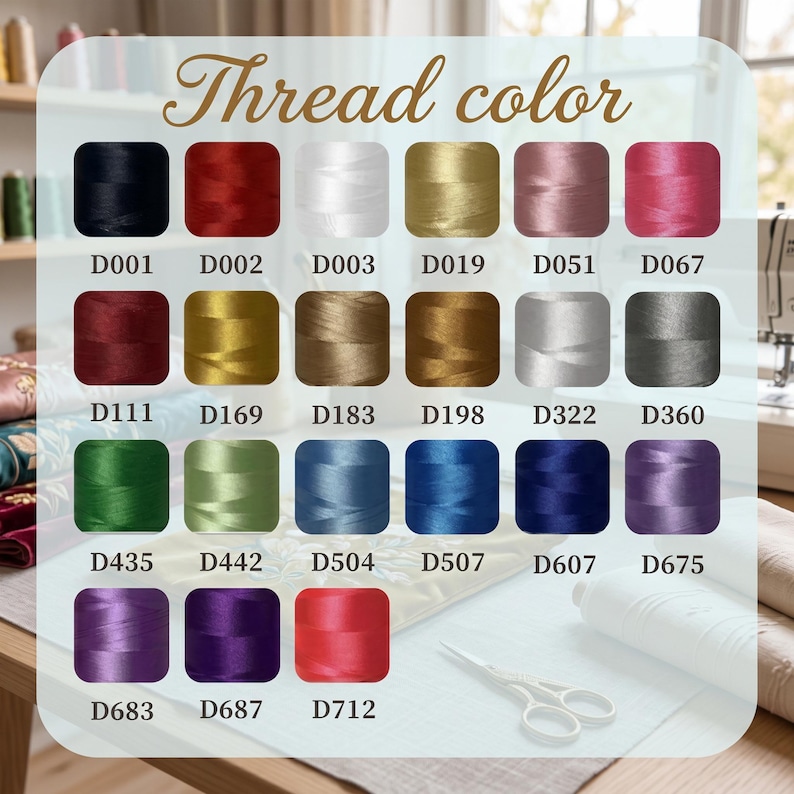 May include: A color chart titled Thread color displaying twenty-one spools of sewing thread in various shades including black, red, white, gold, pink, maroon, green, blue, purple, and gray, each labeled with a unique alphanumeric code.