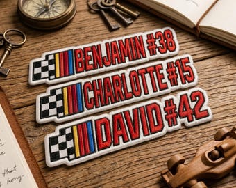 Custom Racing Name Patch, Personalized Checkered Flag Iron On Badge, Motocross Go Kart Jersey Number, DIY Team Spirit Embroidery for Jackets