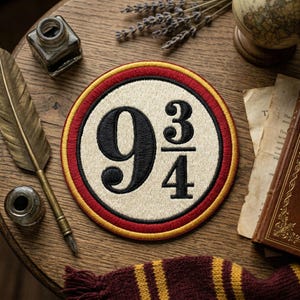 May include: Embroidered patch featuring the iconic "9 3/4" design in black on a cream background, encircled by red and gold trim. The patch is round and sits on a wooden surface, alongside a quill, inkwell, and a vintage book.