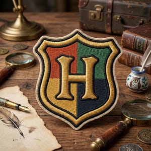 May include: Embroidered patch featuring the Hogwarts crest. The shield-shaped patch has sections of red, green, yellow, and blue, with a gold "H" in the center. The patch is surrounded by a gold border and sits on a wooden surface.