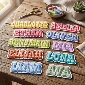 May include: A collection of colorful embroidered name patches, including "Charlotte," "Amelia," "Ethan," "Oliver," "Benjamin," "Mia," "Elijah," "Luna," "Liam," and "Ava." The patches are displayed on a wooden surface, alongside sewing supplies and a small succulent.