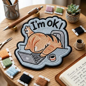 I'm OK Cat Embroidered Patch, Funny Orange Tabby Laptop Embroidered Patch, Sarcastic Work From Home Art Decal