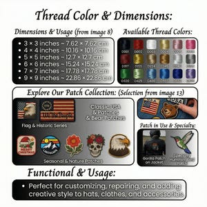 May include: An informational chart displaying thread color options, patch dimensions from 3x3 inches to 9x9 inches, and a collection of embroidered patches including flags, a bear, a skull with flowers, a landscape, and a hummingbird.