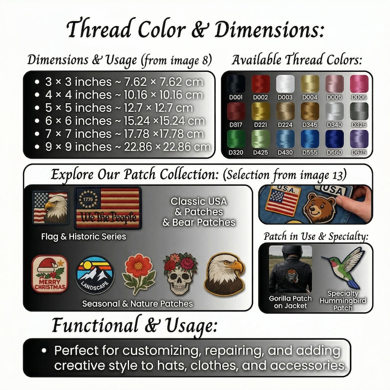 May include: An informational chart displaying thread color options, patch dimensions from 3x3 inches to 9x9 inches, and a collection of embroidered patches including flags, a bear, a skull with flowers, a landscape, and a hummingbird.