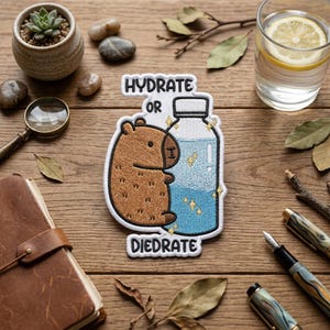 Hydrate Or Diedrate Capybara Embroidered Patch, Funny Water Bottle Embroidered Patch, Cute Motivation Animal Art Decal