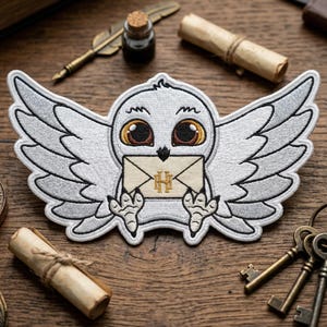 Snowy Owl Letter Carrier Embroidered Patch, Magical Owl Mail Embroidered Patch, Wizard School Fan Art Decal