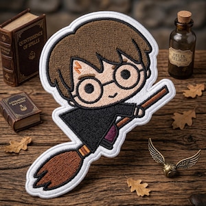 Little Wizard Flying Broom Embroidered Patch, Chibi Magic Boy Embroidered Patch, Fantasy Character Fan Art Decal