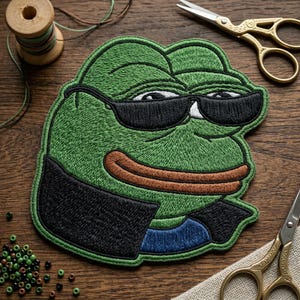 May include: Embroidered patch featuring a green frog wearing black sunglasses. The frog has a brown mouth and is wearing a black jacket with a blue shirt. The patch is on a wooden surface with sewing supplies.