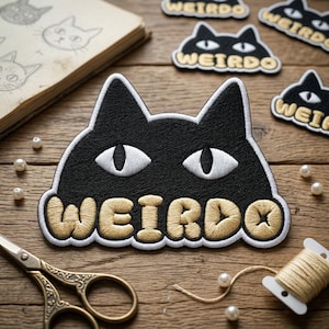 Weirdo Black Cat Embroidered Patch, Funny Stay Weird Animal Embroidered Patch, Sarcastic Cat Eyes Humor Art Decal