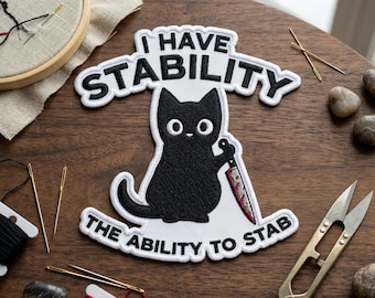 Ability To Stab Cat Embroidered Patch, Funny Black Cat Knife Embroidered Patch, Sarcastic Stability Humor Art Decal