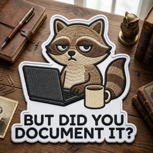 Funny Raccoon Laptop Embroidered Patch, But Did You Document It Embroidered Patch, Sarcastic Office Work Humor Art