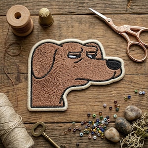 May include: Embroidered brown dog patch with a black nose and a bored expression. The patch is outlined in a cream color. The patch is on a wooden surface with sewing supplies and decorative items.