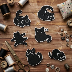 Lazy Black Cat Embroidered Patch, Sleeping Kitten Mood Embroidered Patch, Minimalist Void Cat Silhouette Art