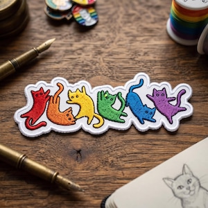 May include: An embroidered patch featuring six cats in a row, each colored in a different shade of the rainbow: red, orange, yellow, green, blue, and purple. The cats are depicted in various playful, stretching, and jumping poses with white borders.