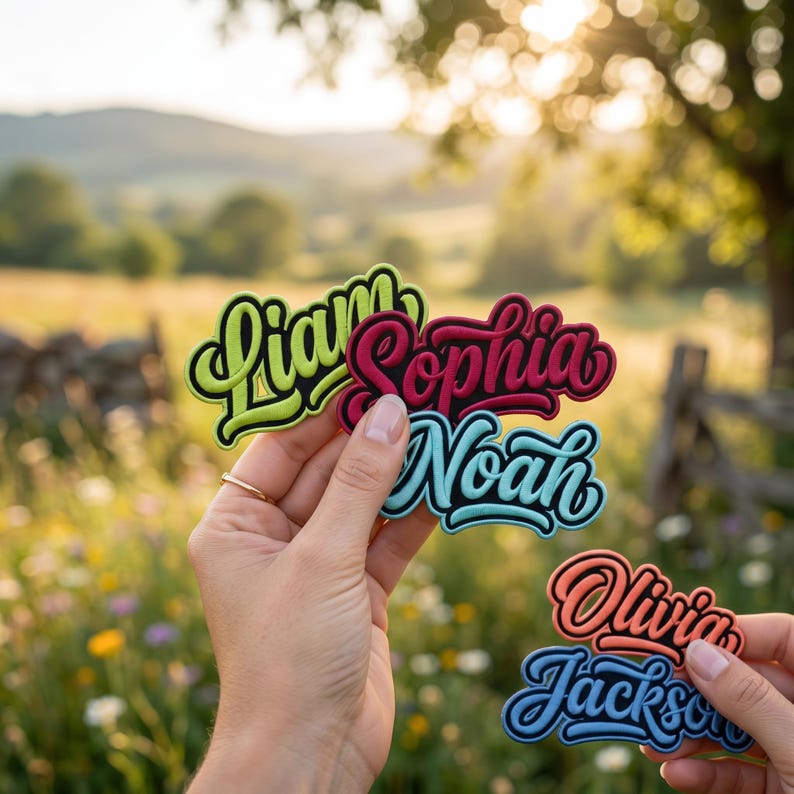 May include: Colorful name patches in various colors, including green, red, blue, and orange. The names are in a stylish script font with a black outline. The background is a blurred outdoor scene with a field and trees.