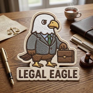 May include: Embroidered patch featuring a cartoon eagle in a suit, holding a briefcase. The patch has the text "LEGAL EAGLE" in a brown font. The eagle has a white head, brown body, and a yellow beak and feet. The patch is on a wooden surface.