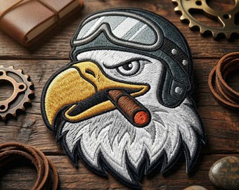 Cool Eagle Pilot Embroidered Patch, Patriotic American Eagle Cigar Embroidered Patch, Biker Aviator Bird Art Decal