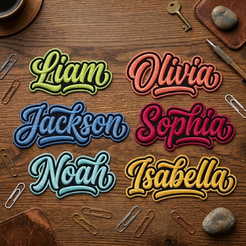 May include: Embroidered name patches in various colors, including green, orange, blue, red, teal, and yellow. Names include Liam, Olivia, Jackson, Sophia, Noah, and Isabella. The patches are on a wooden surface with paper clips and stationery.