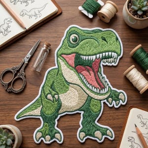 May include: Embroidered green Tyrannosaurus Rex patch with open mouth, showing pink interior. The patch is surrounded by white stitching. The image also shows a notebook with dinosaur sketches, scissors, and spools of thread.