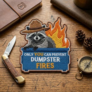 Dumpster Fire Raccoon Embroidered Patch, Only You Can Prevent Chaos Embroidered Patch, Sarcastic Forest Ranger Art Decal