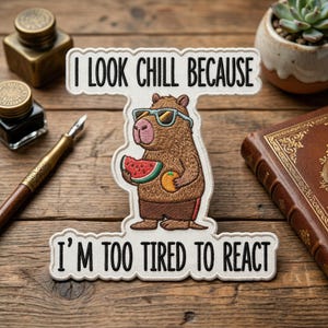 Too Tired To React Capybara Embroidered Patch, I Look Chill Embroidered Patch, Funny Sarcastic Tired Animal Art Decal