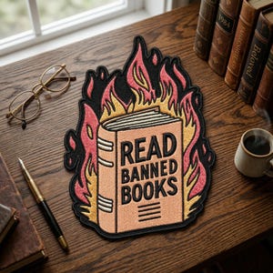 May include: Embroidered patch featuring a book engulfed in flames. The book is peach-colored with the words "READ BANNED BOOKS" in black. Flames are in shades of pink, yellow, and black. The patch is on a wooden surface with books, glasses, a pen, and a coffee cup.