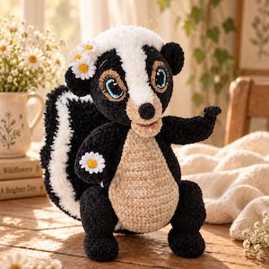 Può includere: Un peluche a forma di puzzola realizzato all'uncinetto con pelliccia nera e bianca, pancia color marrone chiaro e grandi occhi azzurri. La puzzola è decorata con piccole margherite bianche sulla testa e una sul braccio destro, con cuciture.
