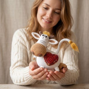 May include: A handmade white crochet cow with a brown snout, ears, and hooves. The cow has a red heart-shaped patch on its side and a yellow tuft of hair. The cow is being held in someone's hands.