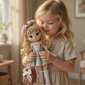 Amigurumi Girl Doll Crochet Pattern – Dress, Suitcase Toy (PDF Download)