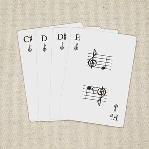 May include: Four white playing cards with musical notes and symbols. The cards display the notes C#, D, D#, and E, along with treble clef symbols. One card features musical notation. The background is a beige fabric.