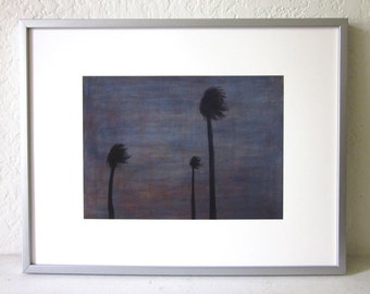 From A Freeway.  Monochromatic windswept palm trees Giclée print, black silhouette, dark gray night sky, blue, violet, red