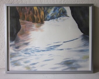 Flow (El Matador).  Surf print, 8 1/2 x 11 inch, Giclée print, ocean waves, sea cave, beach drawing, sand, blue, brown, red, yellow