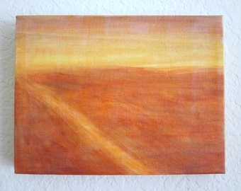 Highway 2.  Desert landscape, desert highway, small acrylic painting, monochromatic, 6x8, open road, earth tones, red, yellow, blue, brown