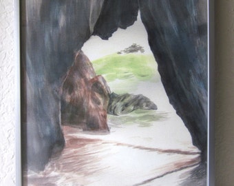 Hidden (El Matador). 8 1/2" x 11", Giclée print, sea cave, beach cave, ocean rocks, art, surf drawing, sand, gray, brown, blue, green, red