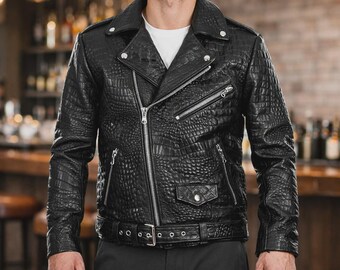 Men’s Black Crocodile Embossed Leather Biker Jacket – Slim Fit Goatskin Moto Jacket