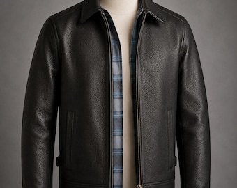 Men’s Black Leather Jacket, Handmade Textured Genuine Leather Jacket, Classic Shirt Collar Zip Coat, Custom Fit Gift for Him