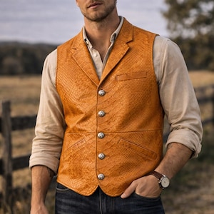 Herren Python Geprägte Lederweste, Hellbraune Western Weste, Collared Button-Up Biker Style