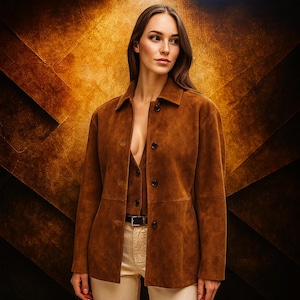 May include: A brown suede jacket featuring a classic collar, long sleeves, and a front button closure with dark buttons. The jacket is worn over a matching brown button-up vest and light-colored trousers with a black belt at the waist.