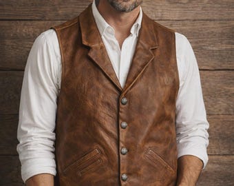 Men’s Brown Leather Lapel Vest – Vintage Western Style Waistcoat
