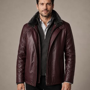 Men's Burgundy Genuine Leather Winter Jacket, Plush Collar, Handmade Custom-Fit Outerwear