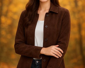 Women’s Genuine Suede Leather Car Coat – Handmade Brown Button Front Long Jacket