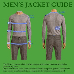 May include: A sizing guide graphic titled MEN'S JACKET GUIDE showing front and back views of a torso wearing a long-sleeved shirt and trousers. Blue lines and text indicate measurement points for chest, waist, hips, sleeve length, shoulder, jacket length, and cuffs.