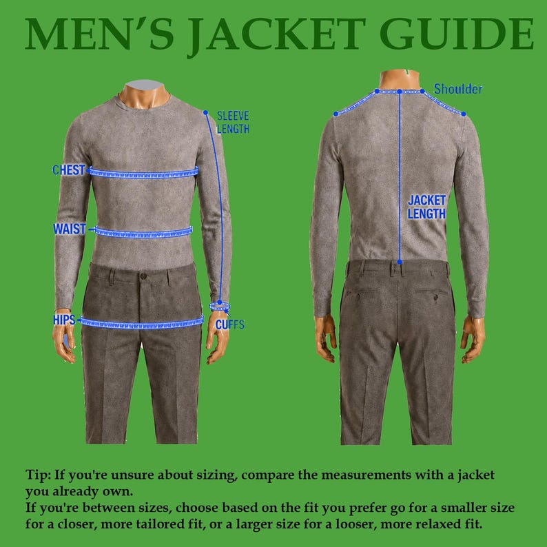 May include: A sizing guide graphic titled MEN'S JACKET GUIDE showing front and back views of a torso wearing a long-sleeved shirt and trousers. Blue lines and text indicate measurement points for chest, waist, hips, sleeve length, shoulder, jacket length, and cuffs.