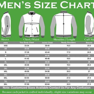 May include: A size chart for a varsity-style jacket on a green background. It features illustrations of the jacket from side, front, and back views with measurement lines. A table lists sizes from XXS to 8XL with corresponding chest and shoulder measurements in inches.