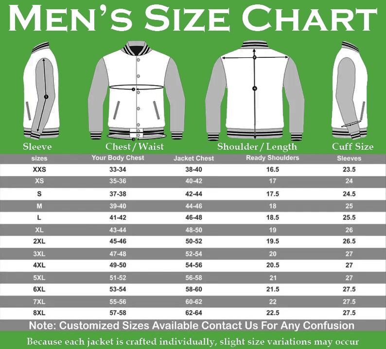 May include: A size chart for a varsity-style jacket on a green background. It features illustrations of the jacket from side, front, and back views with measurement lines. A table lists sizes from XXS to 8XL with corresponding chest and shoulder measurements in inches.