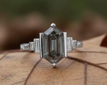 Hexagon Gray Moissanite Engagement Ring, Art Deco Baguette Accent, Vintage Wedding Jewelry