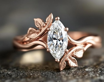 Roségouden marquise moissanite blad wijnstokring, vintage bloemen verlovingsring