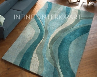 Hand-Tufted Abstract Wool Rug – Teal Blue Modern Area Carpet - Rugs for Living Room - Home Decor