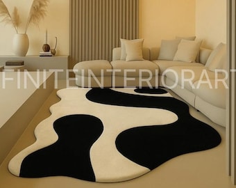 Hand-Tufted Wool Rug – Black & Cream Abstract Organic Shape