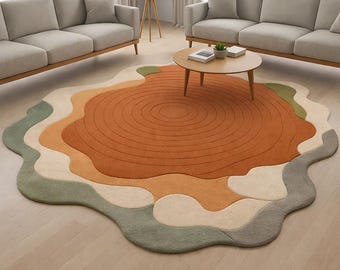 Alfombra abstracta de lana hecha a mano, con mechones, forma orgánica ondulada, color terracota, beige y verde. Moderna alfombra decorativa para sala de estar.